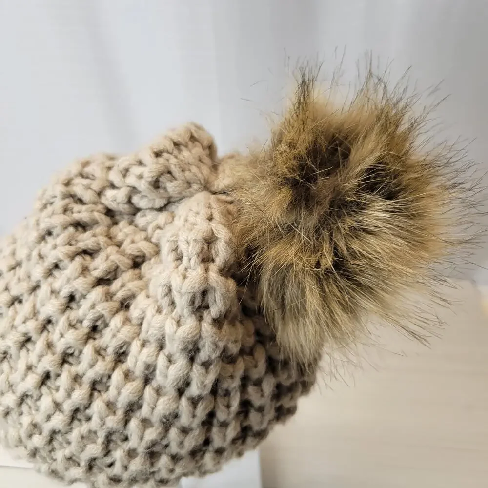 Tan Soft Beanie with Faux Fur Pom